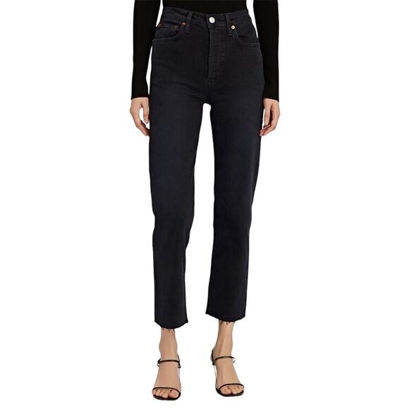 Re/Done High-Rise Stove Pipe Button Fly Straight Cropped Denim Jeans Black 29 - Picture 1 of 16